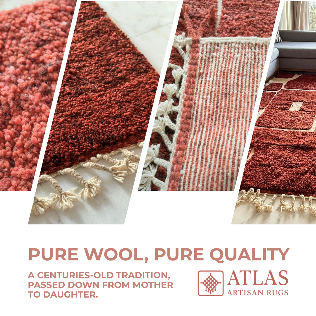 Beni Ourain Handwoven Moroccan Wool Rug – Red Geometric Design | Atlas Artisan Rugs