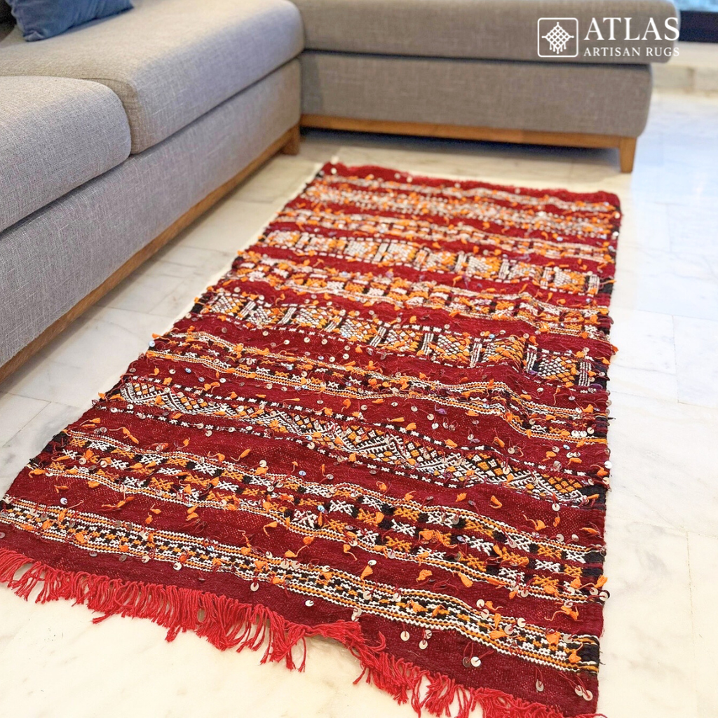 Handwoven Moroccan Wool And Sequins Rug – Red And White Geometric Design | Atlas Artisan Rugs