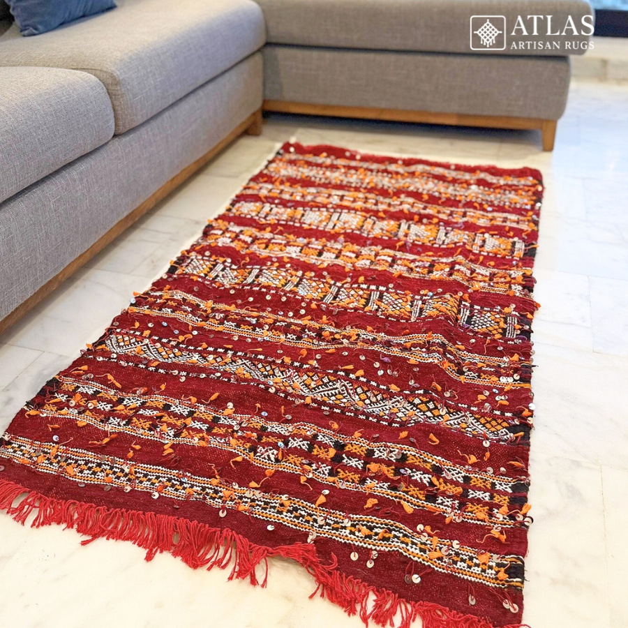 Handwoven Moroccan Wool And Sequins Rug – Red And White Geometric Design | Atlas Artisan Rugs