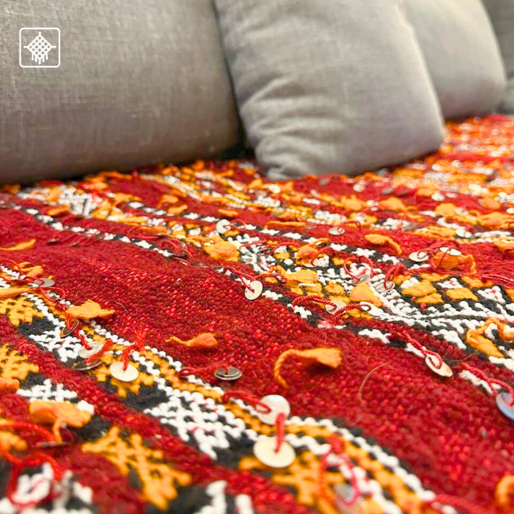 Handwoven Moroccan Wool And Sequins Rug – Red And White Geometric Design | Atlas Artisan Rugs