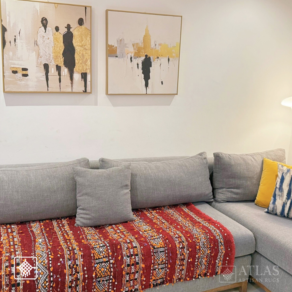 Handwoven Moroccan Wool And Sequins Rug – Red And White Geometric Design | Atlas Artisan Rugs