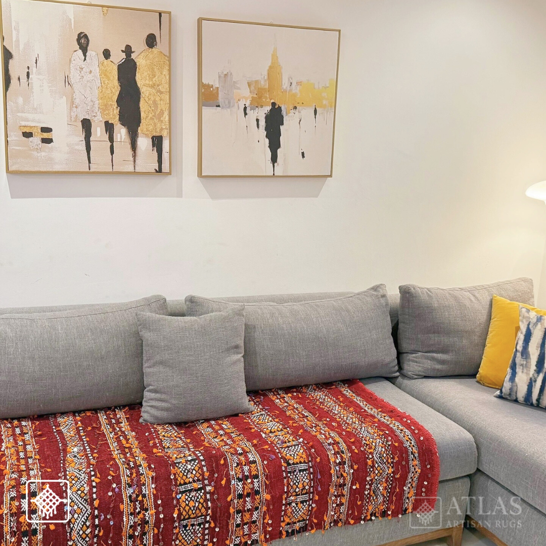 Handwoven Moroccan Wool And Sequins Rug – Red And White Geometric Design | Atlas Artisan Rugs