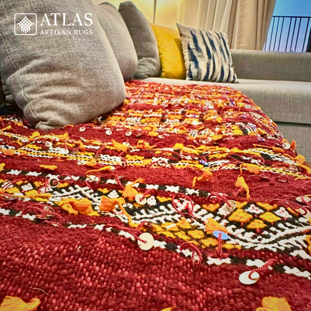 Handwoven Moroccan Wool And Sequins Rug – Red And White Geometric Design | Atlas Artisan Rugs