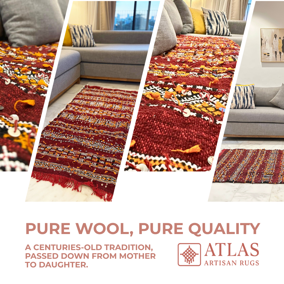 Handwoven Moroccan Wool And Sequins Rug – Red And White Geometric Design | Atlas Artisan Rugs