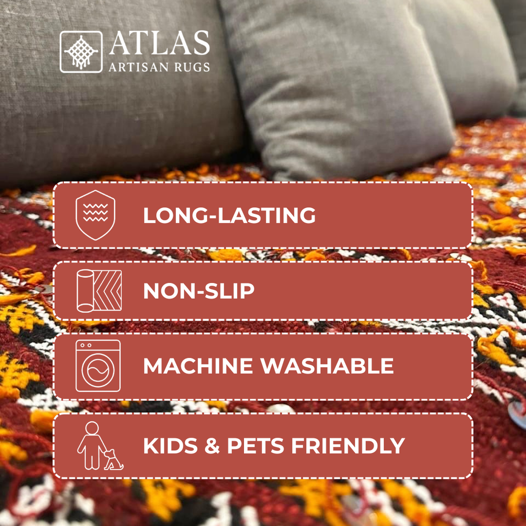 Handwoven Moroccan Wool And Sequins Rug – Red And White Geometric Design | Atlas Artisan Rugs