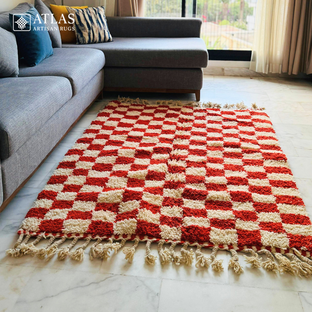 Handwoven Moroccan Wool Rug – Red And White Geometric Design | Atlas Artisan Rugs