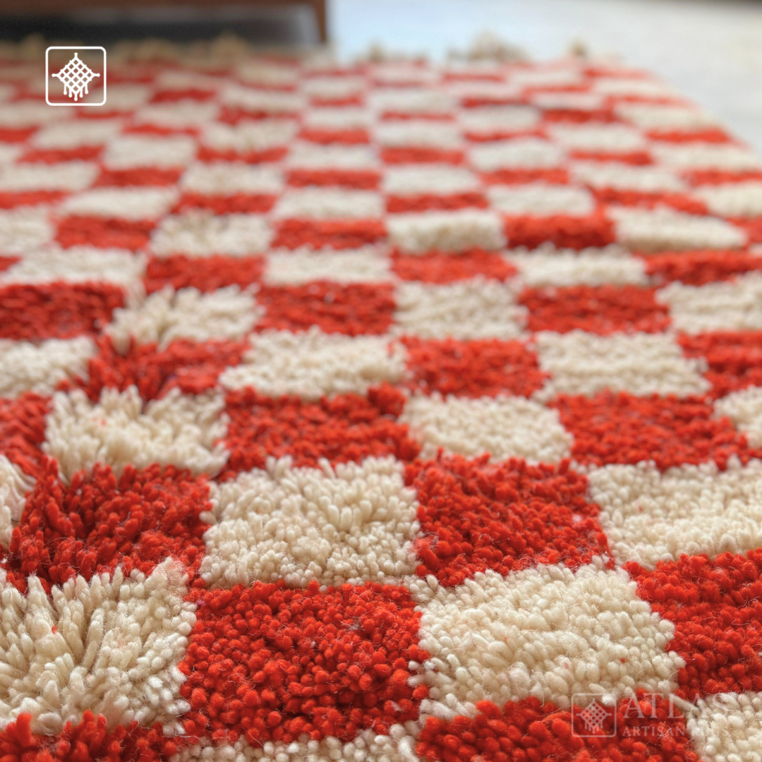 Handwoven Moroccan Wool Rug – Red And White Geometric Design | Atlas Artisan Rugs