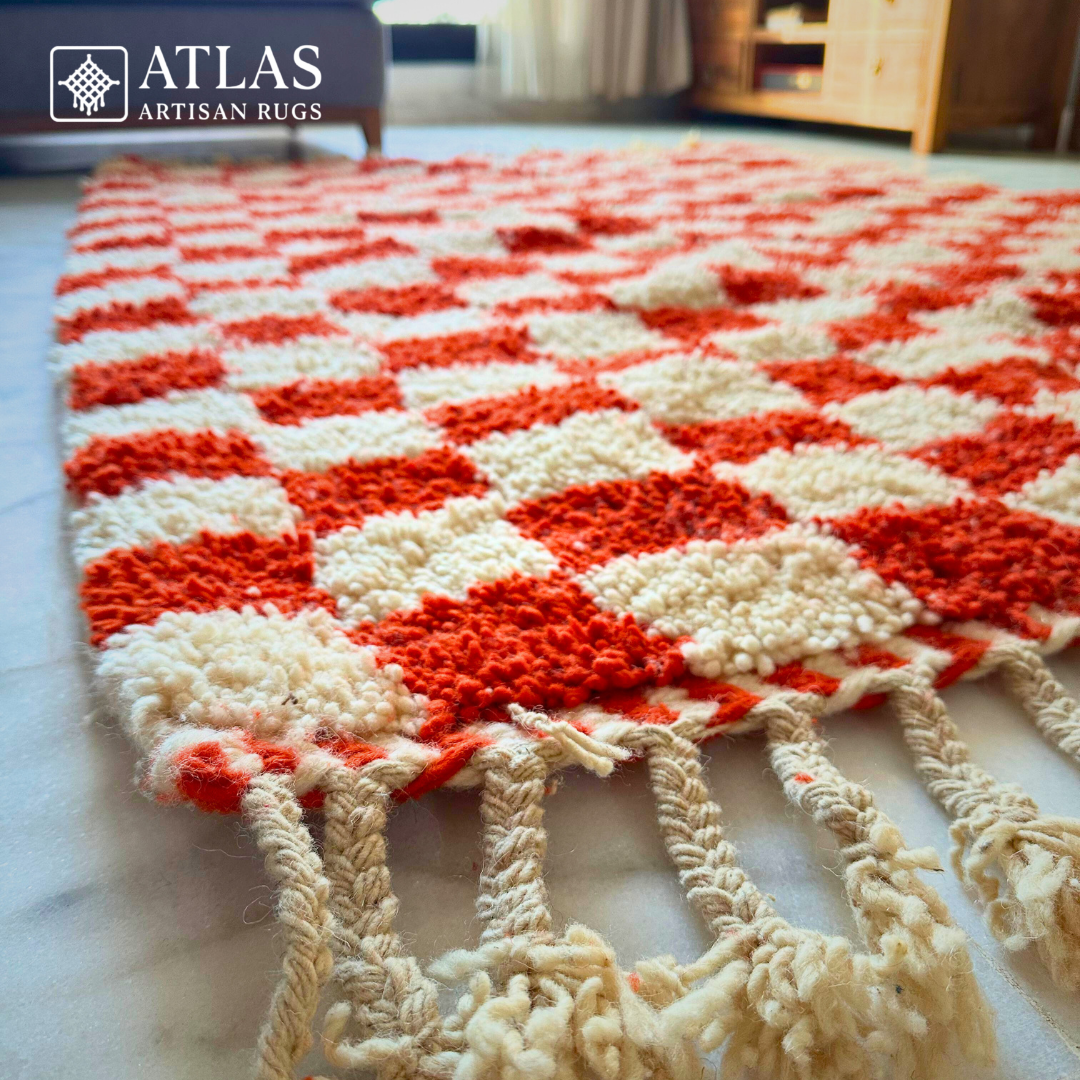 Handwoven Moroccan Wool Rug – Red And White Geometric Design | Atlas Artisan Rugs