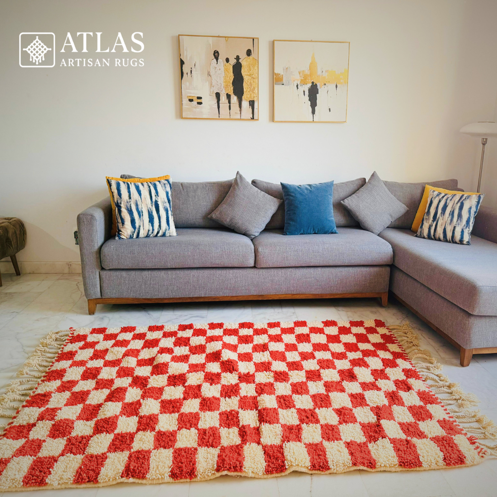 Handwoven Moroccan Wool Rug – Red And White Geometric Design | Atlas Artisan Rugs