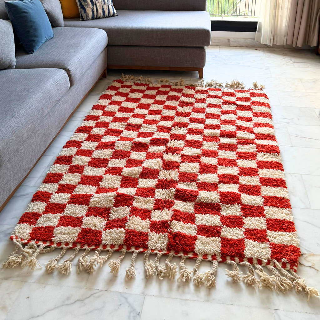 Handwoven Moroccan Checkered Wool Rug – Red & Cream | Atlas Artisan Rugs