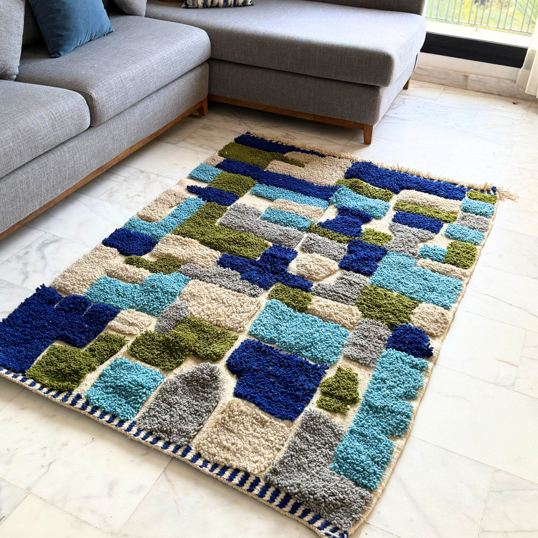 Handwoven Moroccan Wool Rug – Blue & Green Geometric Pattern | Atlas Artisan Rugs