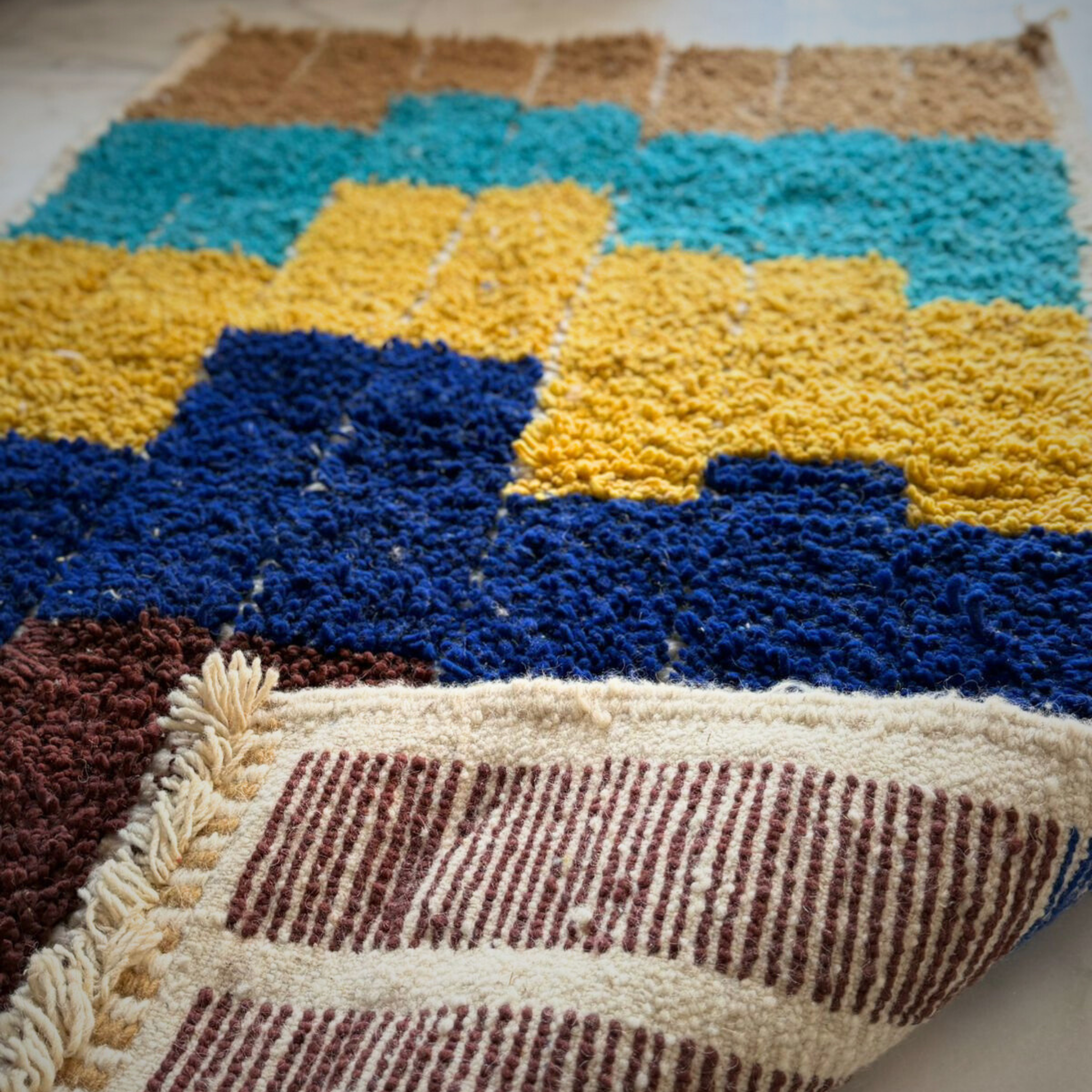 Handwoven Moroccan Wool Rug – Brown, Blue & Mustard Geometric Pattern | Atlas Artisan Rugs
