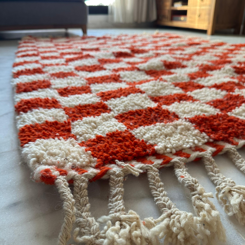 Handwoven Moroccan Checkered Wool Rug – Red & Cream | Atlas Artisan Rugs