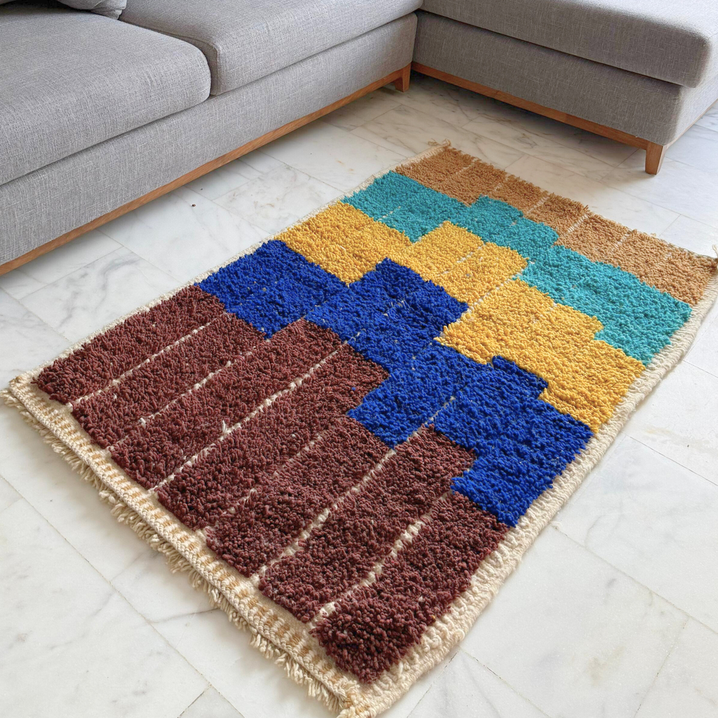 Handwoven Moroccan Wool Rug – Brown, Blue & Mustard Geometric Pattern | Atlas Artisan Rugs