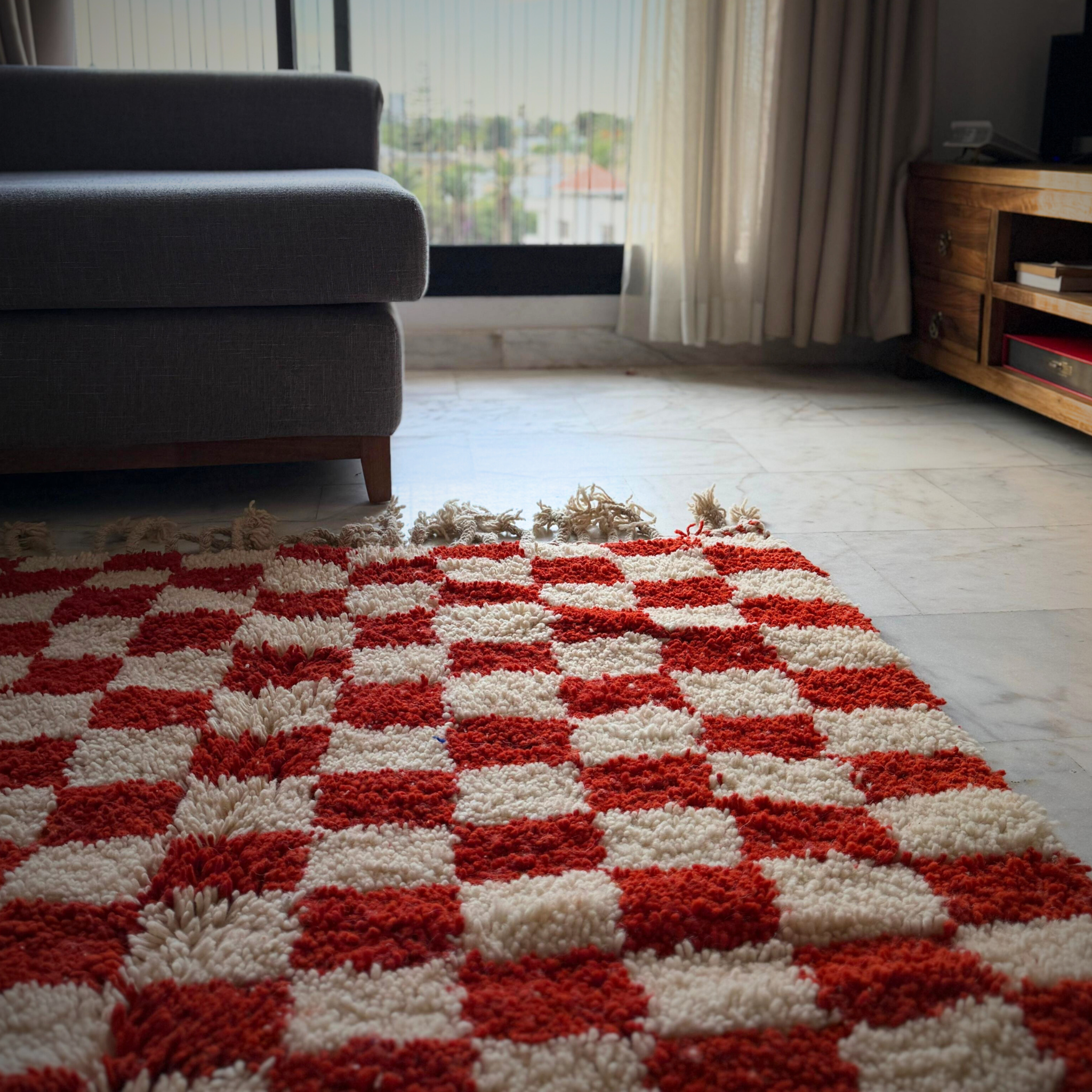 Handwoven Moroccan Checkered Wool Rug – Red & Cream | Atlas Artisan Rugs