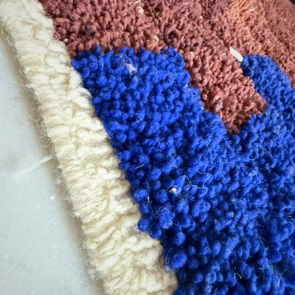 Handwoven Moroccan Wool Rug – Brown, Blue & Mustard Geometric Pattern | Atlas Artisan Rugs