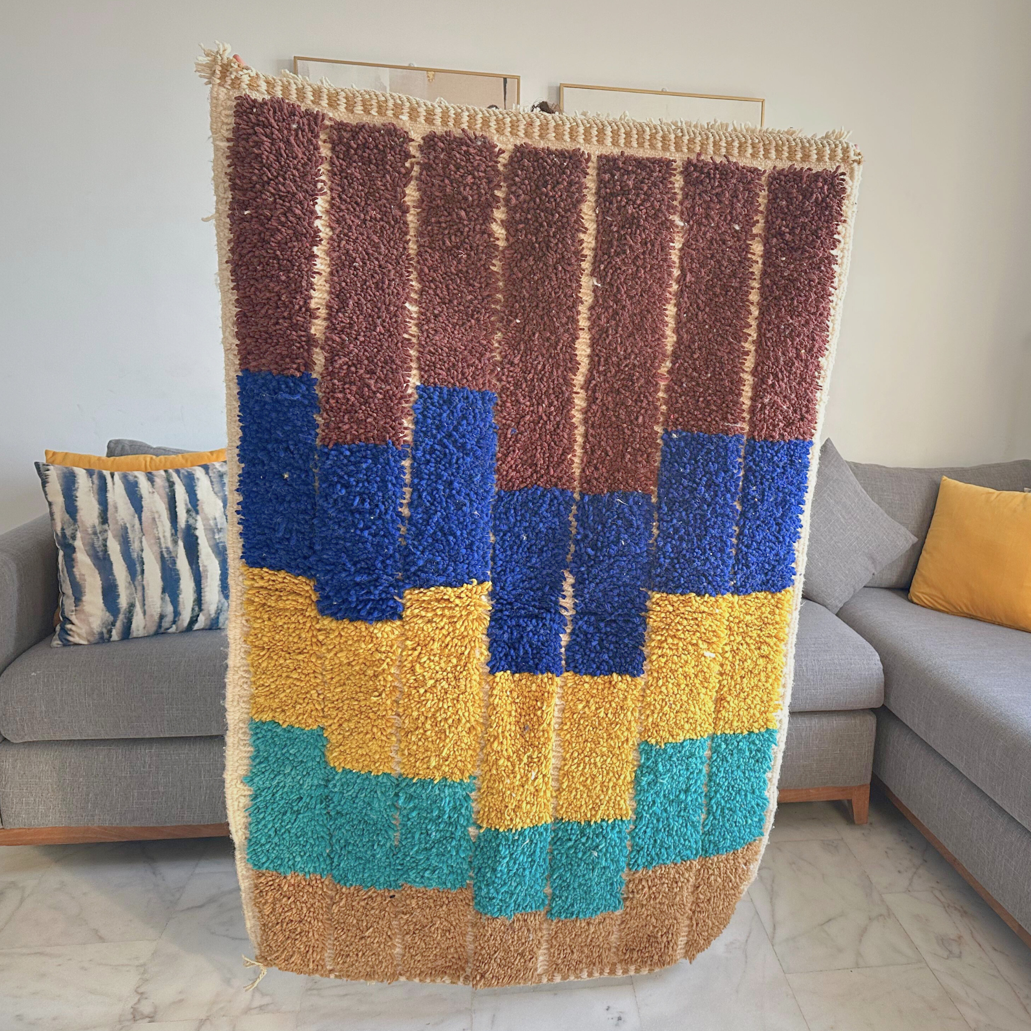 Handwoven Moroccan Wool Rug – Brown, Blue & Mustard Geometric Pattern | Atlas Artisan Rugs