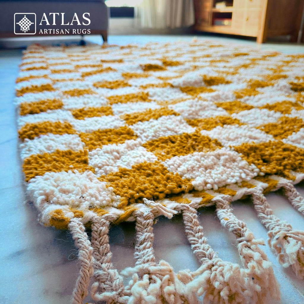 Handmade Mustard Moroccan Rug | Modern Textured Wool Carpet | Berber Abstract Area Rug | Unique Handwoven Home Decor